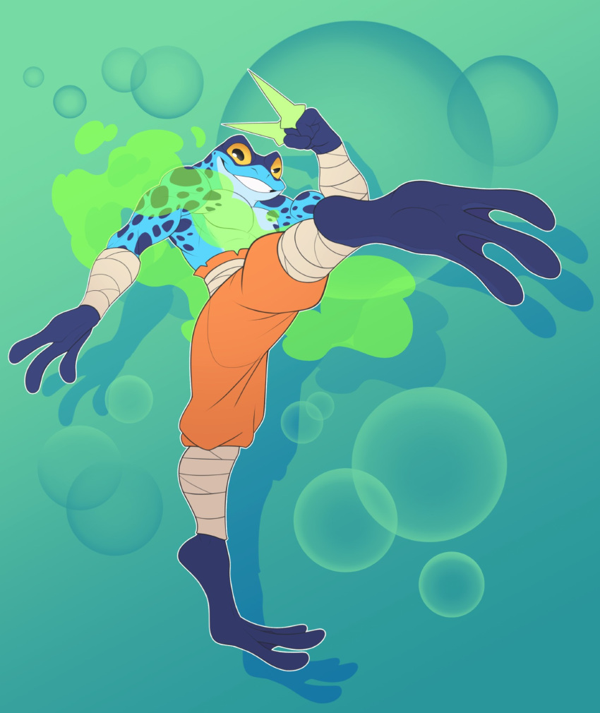 3_fingers 3_toes amphibian anthro athletic athletic_anthro athletic_male blue_body bubble clothed clothing digital_drawing_(artwork) digital_media_(artwork) feet fingers flat_colors frog hi_res looking_at_viewer male markings poison_dart_frog ranno redeyedgazer rivals_of_aether solo spots teeth toes wraps