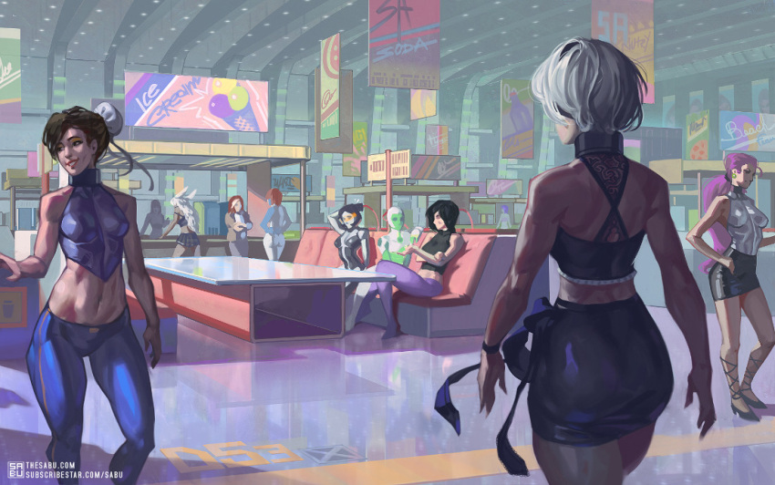 2b_(nier:automata) 6+girls ad black_skirt blue_pants character_request chun-li copyright_request couch crop_top crossover double_bun english_commentary grey_hair hair_bun multiple_girls nier:automata nier_(series) pants pencil_skirt pink_hair ponytail sabu_(sabudenego) scenery short_hair skirt street_fighter table toned_female walking