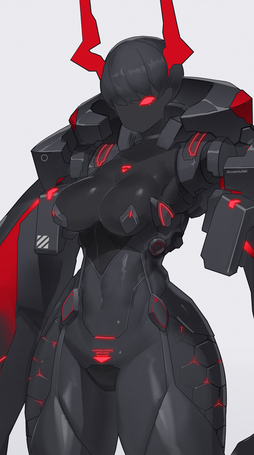 absurdres armor black_hair black_skin bodysuit breasts colored_skin covered_navel covered_nipples echanis_enicha glowing glowing_eye hexagon highres horns joints medium_breasts no_pupils original red_eyes red_horns red_light robot_girl robot_joints short_hair very_short_hair white_background wide_hips