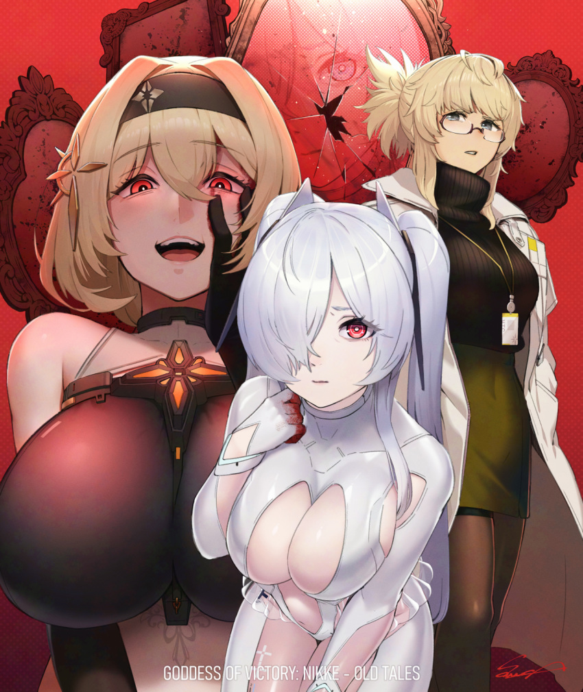 3girls abe_(nikke) armpit_cutout bare_shoulders black_gloves black_hairband black_leotard black_pantyhose black_sweater blonde_hair blood blood_on_hands blue_eyes bodysuit breasts broken_mirror capelet cinderella_(nikke) cleavage cleavage_cutout clothing_cutout coat commentary copyright_name elbow_gloves glasses gloves goddess_of_victory:_nikke green_skirt hair_between_eyes hair_ornament hair_over_one_eye hairband hairclip hand_in_pocket hand_on_own_cheek hand_on_own_face highres id_card impossible_clothes impossible_leotard lab_coat large_breasts leg_cutout leotard long_hair medium_hair mirror multiple_girls navel open_clothes open_coat open_mouth pantyhose parted_lips pencil_skirt ponytail red_background red_eyes red_shoes_(nikke) sawasa see-through_bodysuit see-through_clothes see-through_skirt sidelocks signature skirt sleeveless_leotard smile standing stomach_cutout sweater teeth turtleneck turtleneck_sweater twintails two-tone_leotard upper_teeth_only white_bodysuit white_capelet white_coat white_hair white_leotard