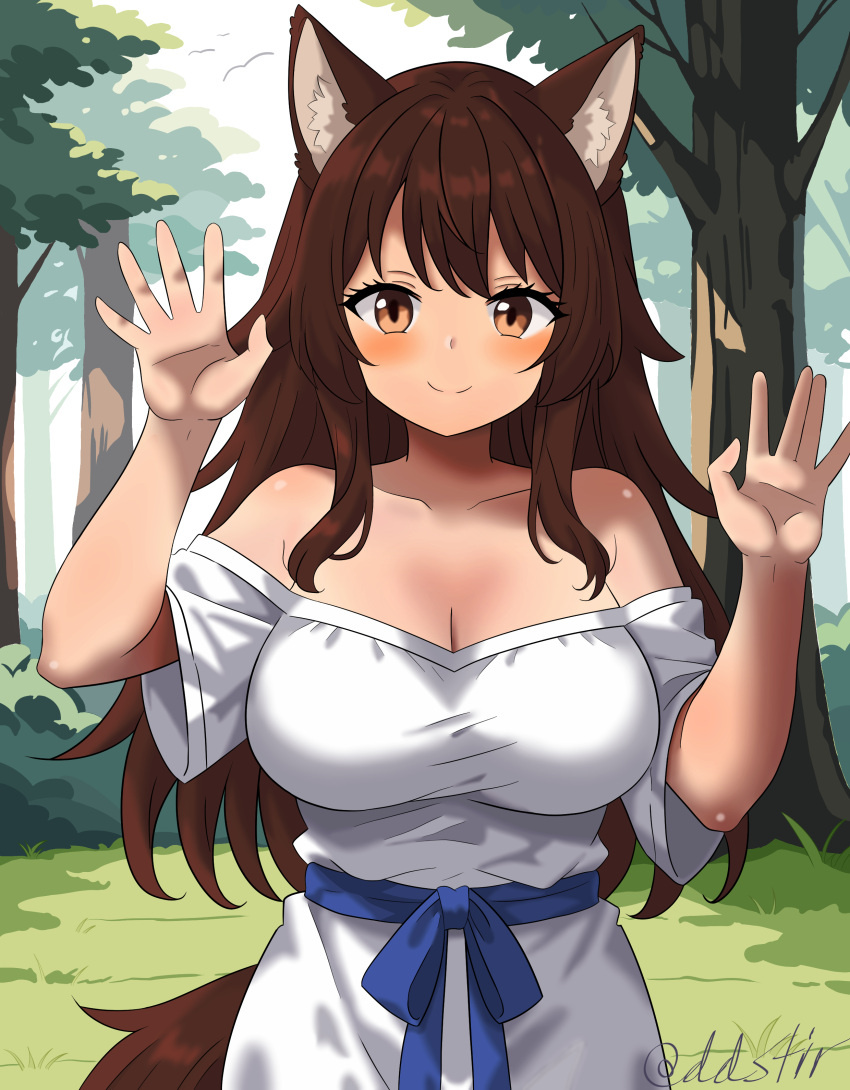 absurdres addstir animal_ear_fluff animal_ears bare_shoulders blush breasts brown_eyes brown_hair brown_tail cleavage closed_mouth collarbone dress female foliage forest hands_up highres large_breasts nature non-web_source off-shoulder_dress off_shoulder original outdoors self-upload short_sleeves signature simple_bird smile solo standing tail tree upper_body white_dress wolf_ears wolf_girl wolf_tail