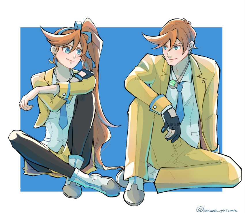 1boy arm_on_knee athena_cykes black_gloves black_pantyhose blue_eyes blue_hairband blue_necktie blue_ribbon collared_shirt crescent crescent_earrings crossed_arms dual_persona earrings female full_body genderswap_(ftm) gloves gyakuten_saiban hairband highres jacket jewelry kuranne long_hair looking_at_another necklace necktie open_clothes open_jacket orange_hair pants pantyhose phoenix_wright:_ace_attorney_-_dual_destinies ribbon rule_63 shirt side_ponytail single_earring single_glove sitting skirt time_paradox twitter_username white_footwear white_shirt yellow_jacket yellow_pants yellow_skirt