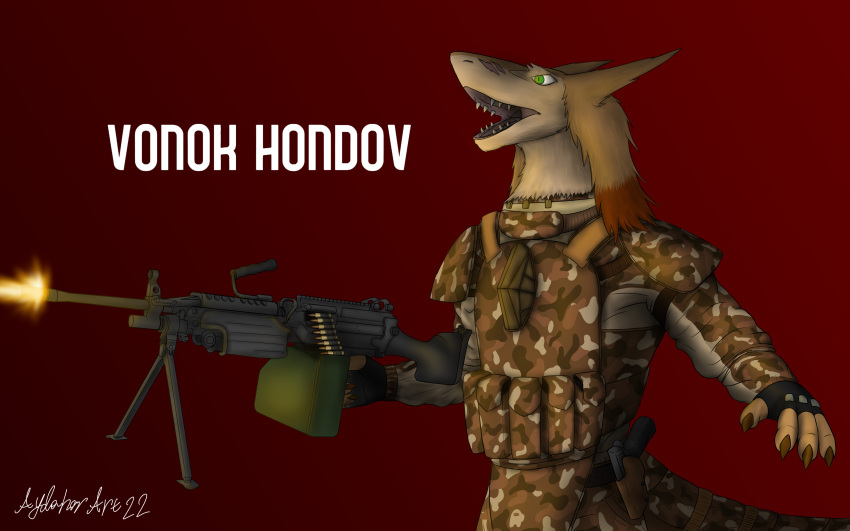 absurd_res anthro armor aydaharart claws clothing fur green_eyes gun hi_res machine_gun male military military_uniform orange_body orange_fur ranged_weapon red_background screaming sergal shooting simple_background solo teeth uniform weapon