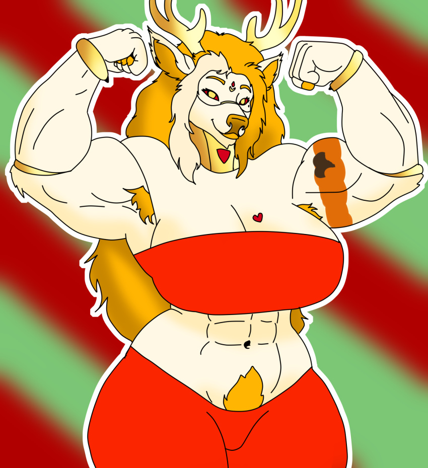 abs alternate_species anthro antlers armpit_hair big_breasts big_pubes body_hair breasts clothing deer ear_tuft facial_markings female flexing forehead_gem forehead_markings fur gem gold_antlers hair head_markings heart_symbol hi_res horn jewelry lips long_ears long_hair mammal markings muscular muscular_female new_world_deer orange_hair pubes red_sclera reindeer ruby_(gem) solo thick_bottom_lip tight_clothing tuft white_body white_fur whitestellar whitestellar_(character) yellow_eyes