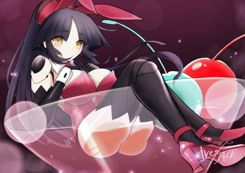 animal_ears ass black_hair breasts cherry cocktail_glass cup diamond-shaped_pupils diamond_(shape) drinking_glass fate/grand_order fate_(series) female food fruit hand_on_own_chest high_heels highres in_container in_cup katou_danzou_(fate) large_breasts long_hair moyashi_(pixiv44153669) playboy_bunny ponytail rabbit_ears symbol-shaped_pupils wrist_cuffs yellow_eyes