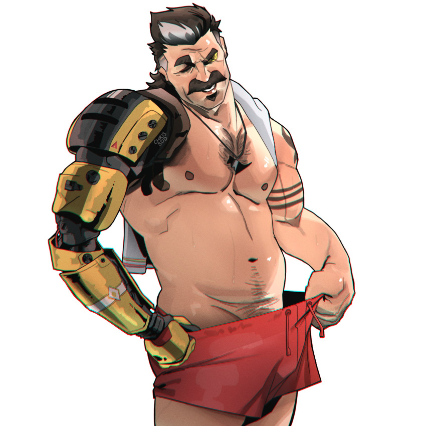 1boy 2021 apex_legends arm_tattoo bara brown_hair chris_sdd eyepatch facial_hair fuse_(apex_legends) goatee goatee_stubble highres male_swimwear moustache multicolored_hair navel nipples pectorals prosthesis prosthetic_arm pulling_own_clothes red_swim_trunks short_hair shoulder_tattoo signature simple_background stubble swim_trunks tattoo thick_mustache towel towel_on_one_shoulder two-tone_hair white_background