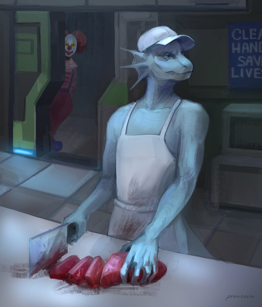 absurd_res anthro appliance apron apron_only blood bodily_fluids boots cleaver_(knife) clothing clown cook cooking cutlery detailed_background digital_drawing_(artwork) digital_media_(artwork) digital_painting_(artwork) door food footwear full-length_portrait furniture gateway gills grey_body hair half-length_portrait half_naked hand_on_table hat headgear headwear hi_res kitchen kitchen_appliance kitchen_knife kitchen_utensils knife lizard lizard_tail looking_at_another looking_at_viewer looking_away male mask meat microwave_oven orange_hair peeping portrait poster provinsske qiwery red_eyes red_nose reptile scalie shadow shoes slim space_station_13 table tools unathi zink_shan