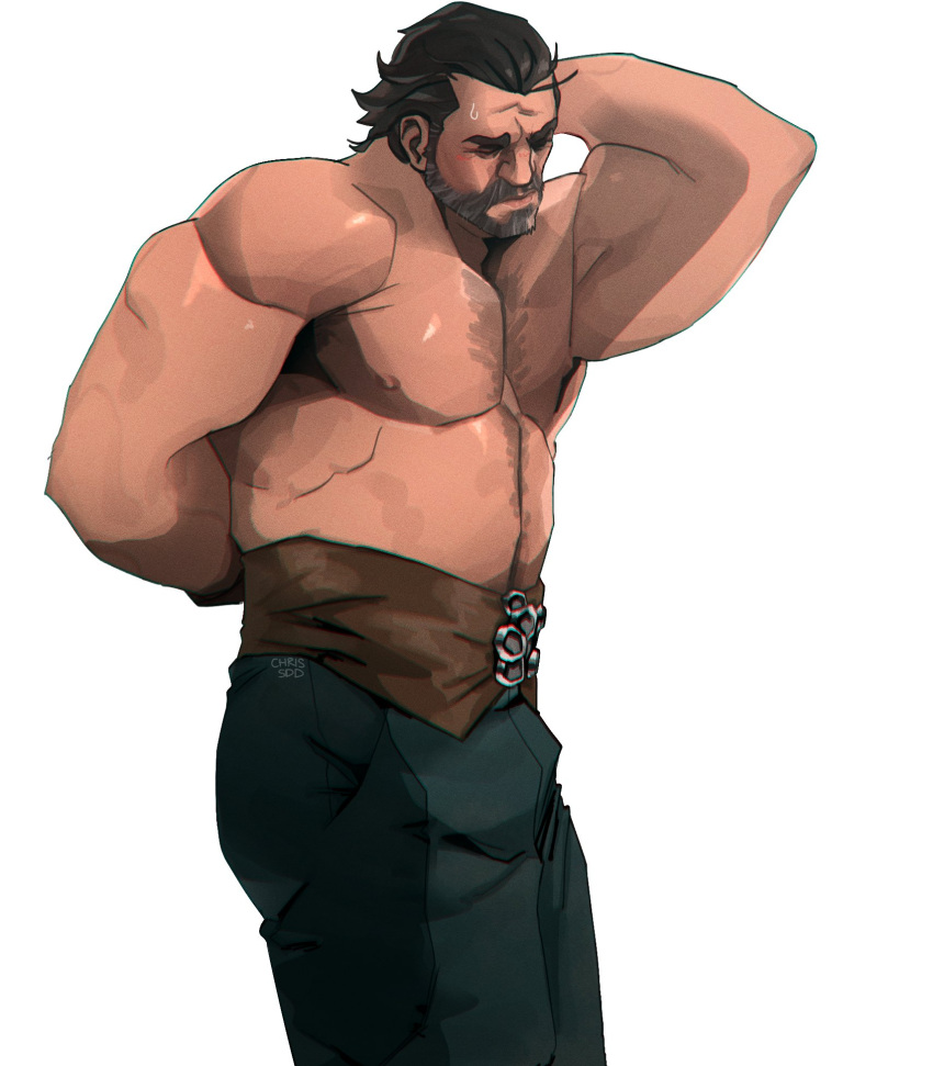 1boy 2021 arcane:_league_of_legends arms_behind_back arms_behind_head bara beard belt blue_pants broad_shoulders brown_belt chris_sdd closed_eyes connected_beard facial_hair full_beard grey_hair highres league_of_legends male_focus old old_man pants pectorals scratching_head signature simple_background sweatdrop topless_male vander_(arcane) white_background