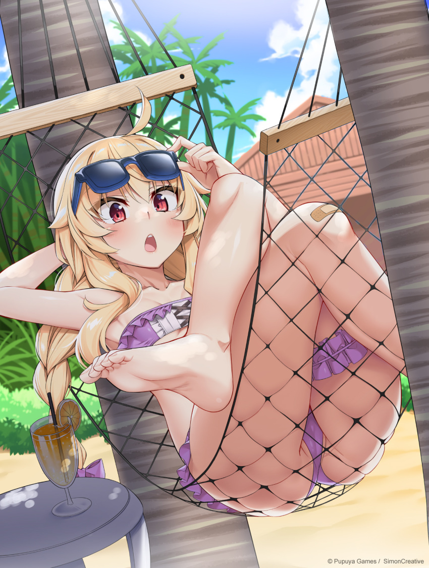 @ichigo ahoge ass bandaid bandaid_on_knee bandaid_on_leg barefoot beach bikini blonde_hair bridal_garter crossed_legs day eyewear_on_head feet female foot_out_of_frame hammock highres knees_up legs little_witch_nobeta nobeta nobeta_(swimsuit_skin) open_mouth outdoors purple_bikini red_eyes second-party_source skindentation sunglasses sunlight swimsuit toenails toes