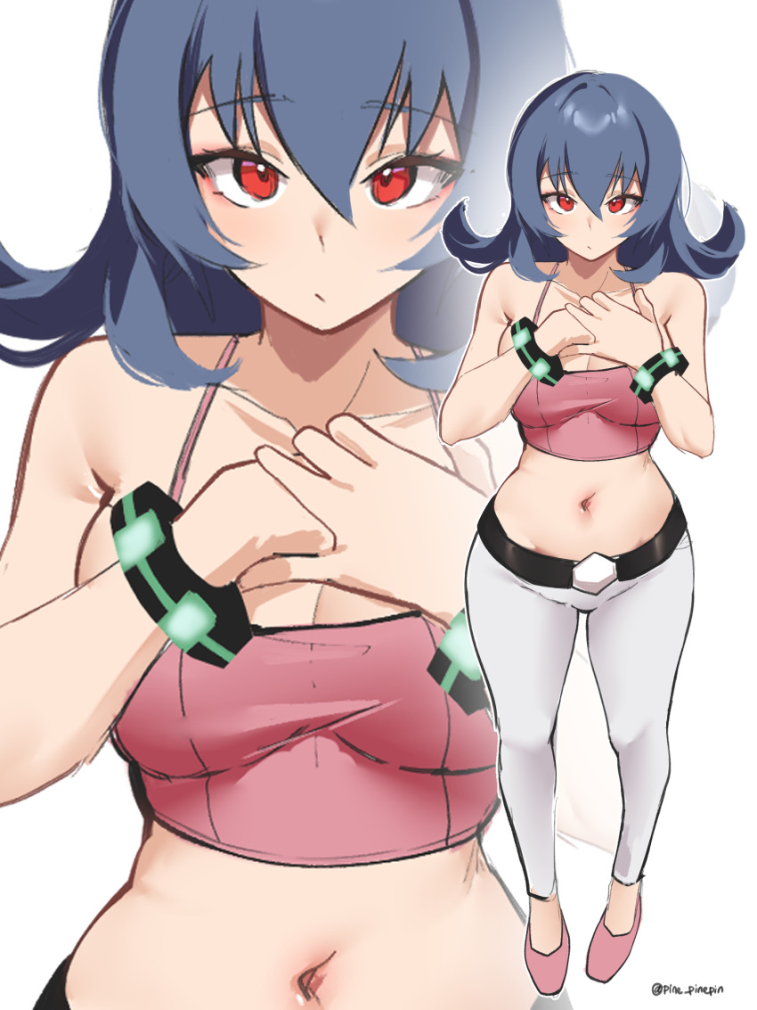 belt belt_buckle black_belt black_hair bracelet breasts buckle cleavage closed_mouth commentary female hair_between_eyes hands_up highres jewelry long_hair looking_at_viewer midriff navel pants pinepin pink_footwear pink_shirt pokemon pokemon_hgss red_eyes sabrina_(pokemon) shirt shoes sleeveless sleeveless_shirt white_background white_pants zoom_layer