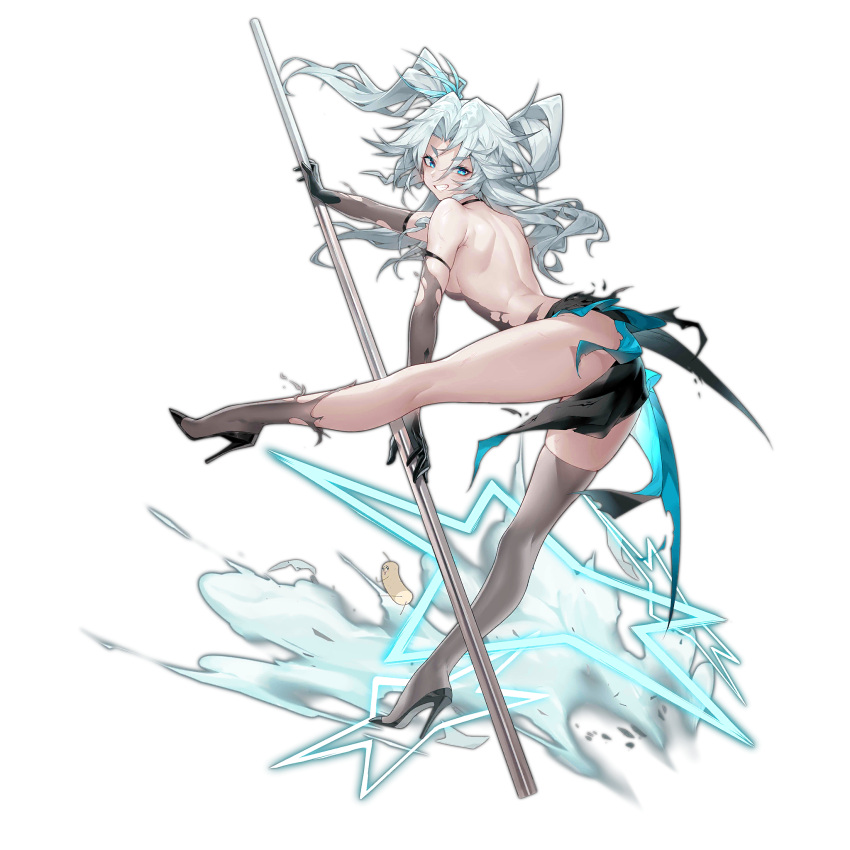 artist_self-insert ass back bare_shoulders black_footwear black_gloves blue_eyes breasts dress elbow_gloves female from_behind full_body girls'_frontline gloves grin hair_between_eyes hair_ornament heart heart-shaped_pupils high_heels highres holding holding_pole legs long_hair looking_at_viewer looking_back medium_breasts official_alternate_costume official_art pa-15_(girls'_frontline) pa-15_(light-treading_night)_(girls'_frontline) pole pole_dancing see-through_clothes see-through_dress see-through_gloves see-through_thighhighs shanyao_jiang_tororo simple_background skindentation smile solo standing star_(symbol) symbol-shaped_pupils thighhighs thighs third-party_source torn_clothes torn_dress torn_gloves torn_thighhighs transparent_background