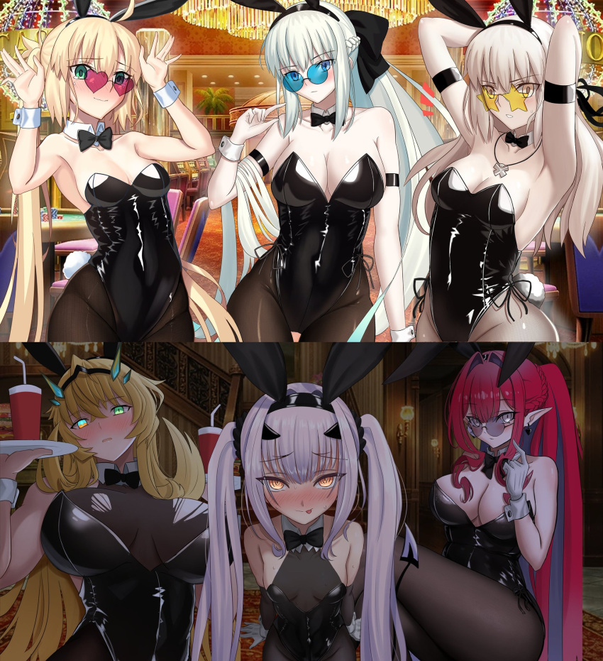 6+girls ahoge animal_ears armpits arms_behind_head arms_up artoria_caster_(fate) artoria_pendragon_(fate) baobhan_sith_(fate) bare_shoulders barghest_(fate) black_bow black_leotard blonde_hair blue_eyes blush bow bowtie braid breasts breath brown_pantyhose burger cleavage collarbone covered_navel crossed_legs cup detached_collar earrings fake_animal_ears fake_tail fate/grand_order fate_(series) food forked_eyebrows glasses gloves green_eyes grey_eyes grey_hair hairbow hand_up heart heart_hands heterochromia highleg highleg_leotard highres horns jewelry large_breasts leotard long_hair longdq3008 looking_at_viewer medium_breasts melusine_(fate) morgan_le_fay_(fate) multiple_girls no_bra open_mouth pantyhose parted_lips playboy_bunny pointy_ears ponytail rabbit_ears rabbit_tail red_hair round_eyewear saber_alter see-through_cleavage see-through_clothes siblings sidelocks sisters sitting small_breasts smile strapless strapless_leotard sunglasses tail thighhighs thighs tray twintails very_long_hair white_background white_gloves white_hair wrist_cuffs yellow_eyes