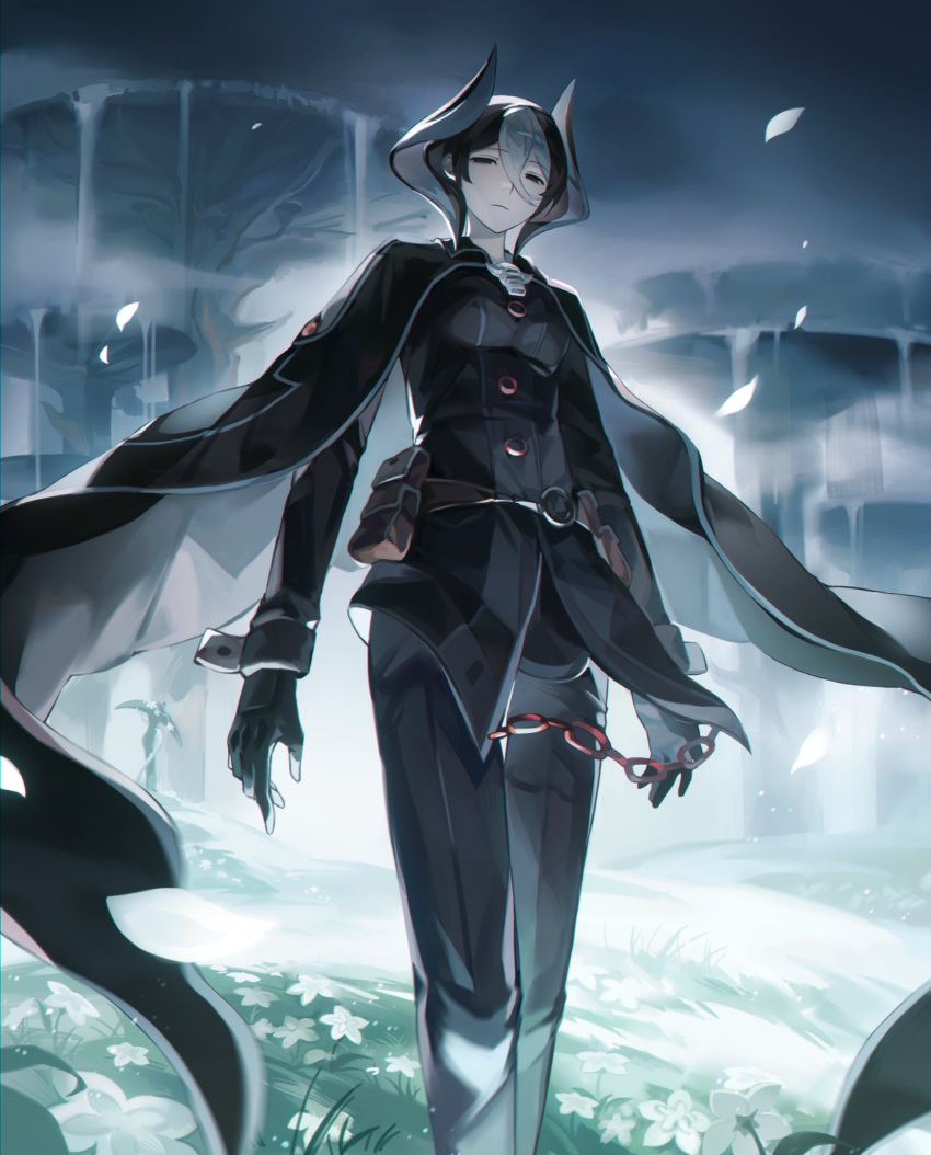 belt belt_pouch black_cape black_eyes black_gloves black_hair black_pants black_sky cape chains closed_mouth colossustotem commentary_request expressionless female field flower flower_field fog gloves hair_between_eyes highres jacket long_sleeves looking_at_viewer made_in_abyss multicolored_hair ozen pants petals pouch short_hair sky solo standing streaked_hair translation_request two-tone_hair water waterfall whistle white_flower white_hair