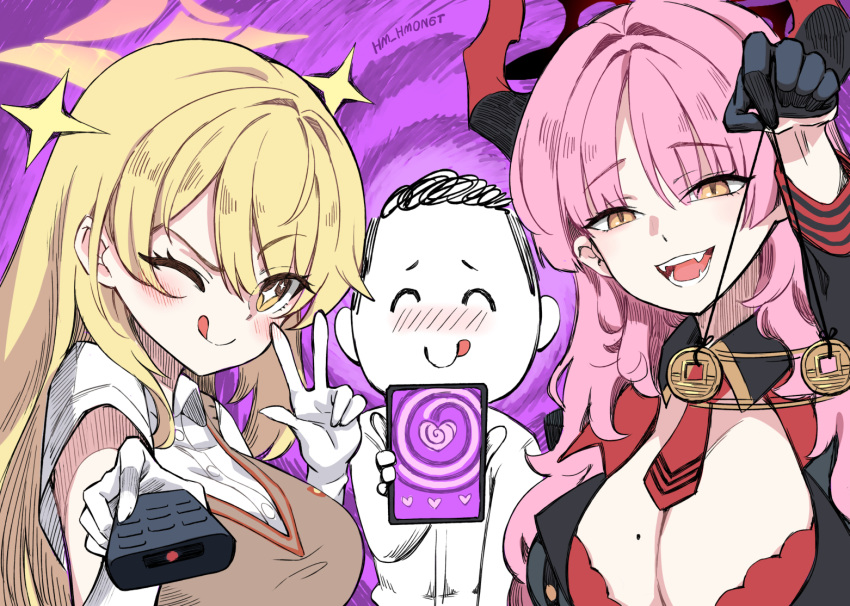 1boy 2girls :q black_gloves blonde_hair blue_archive bra breasts brown_eyes cellphone cleavage coin coin_on_string controller demon_horns doodle_sensei_(blue_archive) elbow_gloves fangs gloves halo hm_(hmongt) holding holding_pendulum holding_phone holding_remote_control holed_coin horns hypnosis hypnosis_app hypnotizing_viewer large_breasts long_hair mind_control mole mole_on_breast multicolored_horns multiple_girls necktie one_eye_closed open_mouth pendulum phone pink_hair red_necktie remote_control satsuki_(blue_archive) school_uniform sensei_(blue_archive) shokuhou_misaki smartphone sparkling_eyes star-shaped_pupils star_(symbol) sweater_vest symbol-shaped_pupils toaru_kagaku_no_railgun toaru_majutsu_no_index tokiwadai_school_uniform tongue tongue_out two-tone_horns underwear v white_gloves