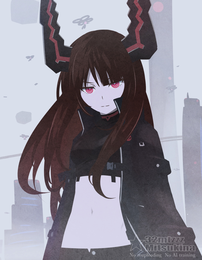 32zzz alternate_costume artist_logo artist_name black_gold_saw black_hair black_jacket black_rock_shooter black_rock_shooter:_dawn_fall female highres horns jacket logo midriff navel open_clothes open_jacket red_eyes ringed_eyes solo