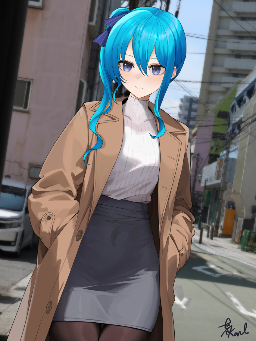 absurdres alternate_costume aonwe blue_bow blue_eyes blue_hair bow brown_coat brown_pantyhose building car city coat covered_navel female grey_skirt hairbow hands_in_pockets high-waist_skirt highres hololive hoshimachi_suisei long_hair looking_at_viewer motor_vehicle open_clothes open_coat outdoors pantyhose pencil_skirt photo_background ribbed_sweater side_ponytail skirt smile solo star_(symbol) star_in_eye sweater symbol_in_eye turtleneck turtleneck_sweater virtual_youtuber white_sweater