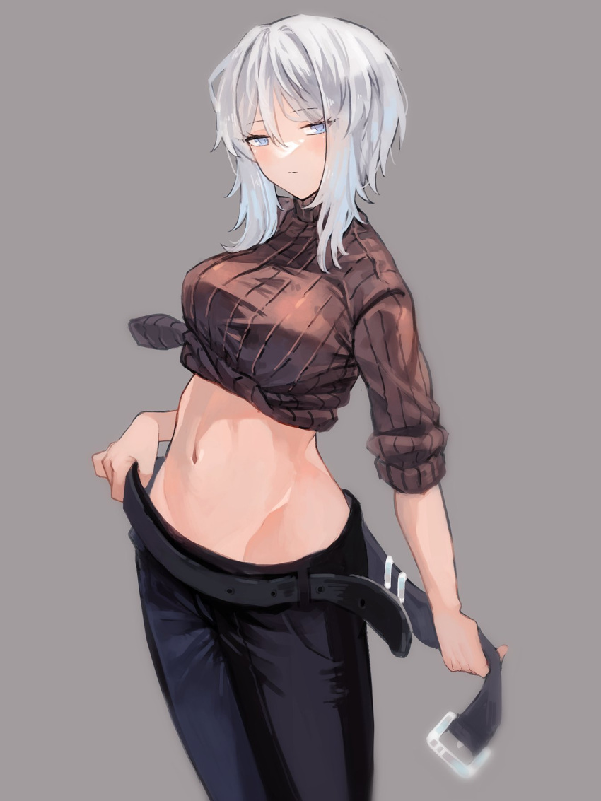 breasts brown_sweater commentary expressionless faust_(project_moon) female grey_background grey_eyes grey_hair groin hair_between_eyes highres light_blush limbus_company long_hair looking_at_viewer medium_breasts navel project_moon removing_belt ribbed_sweater sleeves_rolled_up solo starhoshi sweater symbol-only_commentary thumb_in_beltline tied_sweater turtleneck turtleneck_sweater undressing