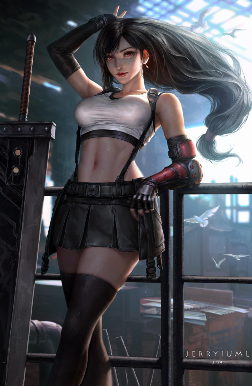 arm_up artist_name bare_shoulders bird black_gloves black_hair black_skirt black_sports_bra black_thighhighs blurry blurry_background breasts buster_sword closed_mouth collarbone crop_top earrings elbow_gloves elbow_rest english_commentary feet_out_of_frame female final_fantasy final_fantasy_vii final_fantasy_vii_remake fingerless_gloves floating_hair gloves highres jerry_loh jewelry lips long_hair looking_at_viewer low-tied_long_hair medium_breasts midriff miniskirt navel outdoors planted planted_sword red_eyes red_lips single_arm_guard single_earring skirt solo sports_bra standing sword tank_top thighhighs tifa_lockhart weapon white_tank_top zettai_ryouiki