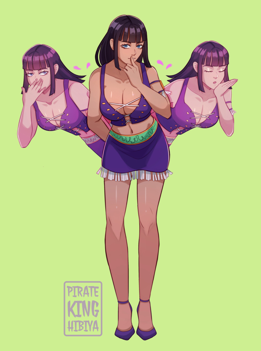 absurdres armlet black_hair blue_eyes blunt_bangs breasts cleavage closed_eyes commentary cross-laced_clothes cross-laced_top english_commentary female full_body green_background highres jewelry large_breasts looking_at_viewer medium_hair nico_robin one_piece petals pkhibiya purple_footwear purple_skirt sidelocks simple_background skirt solo