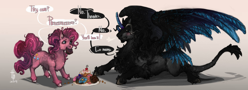 black_body black_hooves blue_horn demon dessert doughnut duo english_text equid equine female feral food friendship_is_magic grey_background hasbro hooves horn horse humor lamanstin male mammal my_little_pony mythological_creature mythological_equine mythology pastry pink_body pinkie_pie_(mlp) plate pony simple_background tail text unicorn white_hooves wings