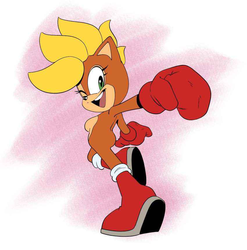 absurd_res anthro ass bandicoot boots boxing_gloves breasts brown_body cinnamon_the_bandicoot clothing fan_character female footwear green_eyes handwear happy hi_res mammal marsupial mohawk nude one_eye_closed pose red_boots red_clothing red_footwear shoes solo thenovika wink