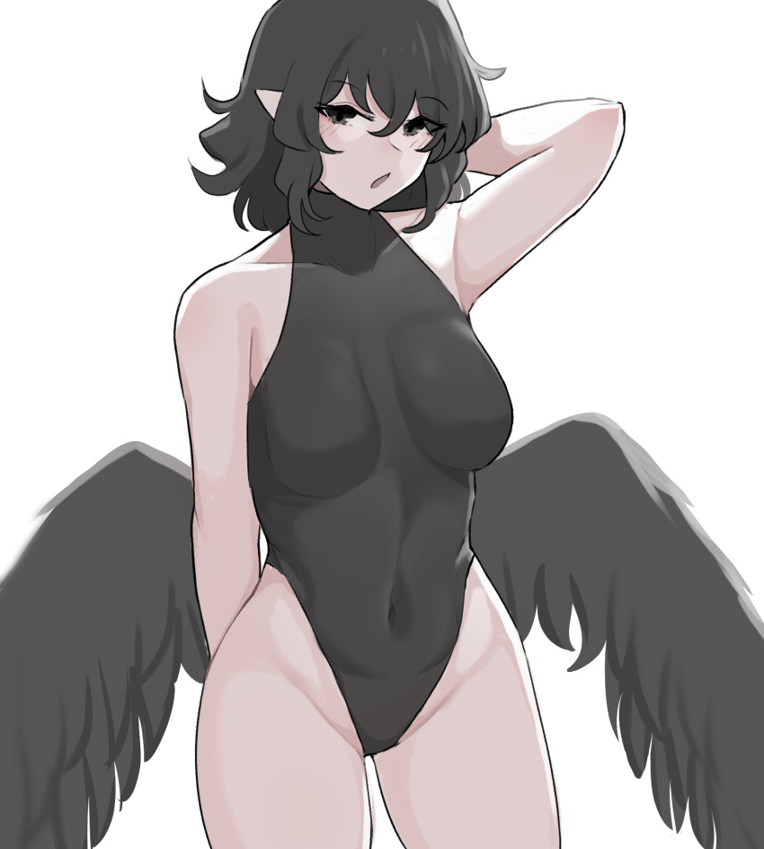 arm_behind_head arm_up bare_shoulders bird_wings black_eyes black_hair black_leotard black_wings breasts covered_collarbone covered_navel cowboy_shot feathered_wings female groin highleg highleg_leotard highres leotard looking_at_viewer mata_(matasoup) medium_breasts open_mouth pointy_ears shameimaru_aya short_hair simple_background solo touhou white_background wings