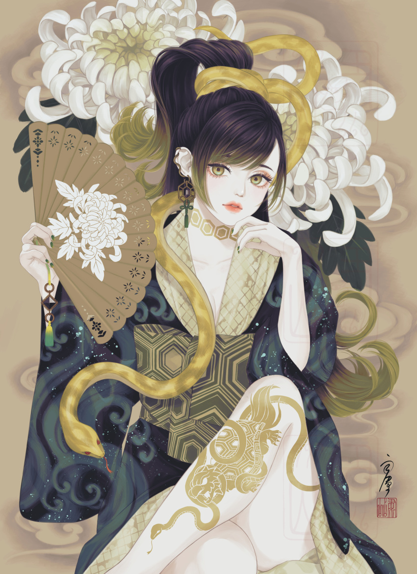 absurdres black_kimono brown_hair chinese_mythology colored_tips commentary_request crossed_legs earrings feet_out_of_frame female flower folding_fan genbu half_updo hand_fan highres holding holding_fan japanese_clothes jewelry kimono leg_tattoo lips long_hair looking_at_viewer multicolored_hair nail_polish obi original personification sash seal_impression signature sitting snake snake_tattoo solo tattoo ushiyama_ame watermark wave_print white_flower yellow_eyes