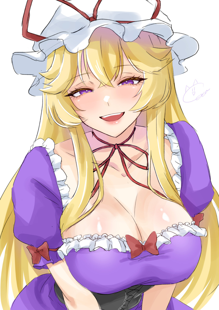 0002koko absurdres blonde_hair breasts choker cleavage dress female frilled_dress frills hat highres large_breasts long_hair looking_at_viewer mob_cap purple_dress purple_eyes ribbon_choker short_sleeves signature smile solo touhou white_background yakumo_yukari