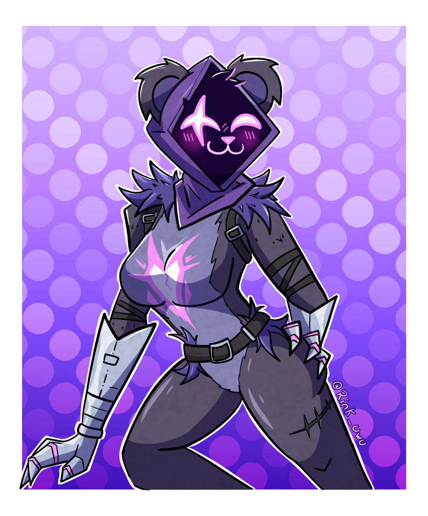 absurd_res anthro armor bear blush claws clothing epic_games eye_scar facial_scar female fortnite fortnite:_battle_royale fur gauntlets gloves hand_on_hip handwear hi_res hood mammal purple_body purple_eyes raven_team_leader rink_uwu scar smile solo solo_focus