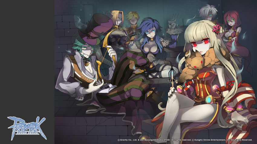 3girls 4boys alphoccio_basil animal_around_neck armor aura baggy_pants between_fingers bikini bio_lab black_nails black_shorts blonde_hair blue_eyes blue_hair blunt_bangs boots breastplate breasts brown_cape brown_footwear brown_pants cape champion_(ragnarok_online) chen_lio closed_mouth clothing_cutout clown_(ragnarok_online) collared_shirt copyright_notice creator_(ragnarok_online) crossed_legs detached_sleeves dress fingernails flamel_emure foot_out_of_frame fox fur-trimmed_sleeves fur_trim gold_trim green_eyes green_hair gypsy_(ragnarok_online) hair_ornament hair_over_one_eye heart heart_hair_ornament high_heels highres holding holding_instrument holding_knife instrument knife lantern large_breasts light_brown_hair logo long_hair long_sleeves looking_at_viewer medium_breasts multiple_boys multiple_girls official_art official_wallpaper paladin_(ragnarok_online) pants parted_lips pauldrons pink_hair professor_(ragnarok_online) purple_pants purple_sleeves purple_tank_top ragnarok_online randel_lawrence red_dress red_eyes red_sleeves shaded_face shirt short_shorts shorts shoulder_armor stalker_(ragnarok_online) stomach_cutout striped_sleeves swimsuit tank_top taruk trentini two-tone_pants white_hair white_shirt white_sleeves yellow_bikini