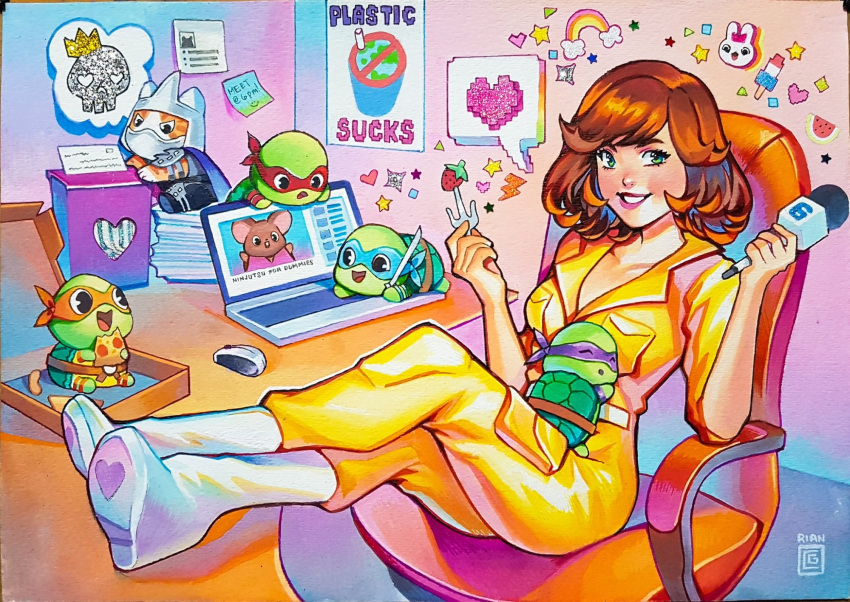 ^_^ april_o'neil artist_name boots breasts brown_hair chibi closed_eyes collarbone commentary computer crown donatello_(tmnt) english_commentary english_text feline female food fruit gouache_(medium) green_eyes heart highres holding holding_food holding_microphone holding_pizza holding_sword holding_weapon indoors jumpsuit laptop large_breasts leonardo_(tmnt) looking_at_viewer master_splinter michelangelo_(tmnt) microphone open_mouth painting_(medium) pixelated pizza pizza_box pizza_slice poster_(object) rainbow raphael_(tmnt) rian_gonzales sai_(weapon) shredder_(tmnt) shuriken sitting skull smile solo speech_bubble spoken_heart star_(symbol) sticky_note strawberry sword teenage_mutant_ninja_turtles traditional_media turtle watercolor_(medium) watermelon watermelon_slice weapon yellow_jumpsuit youtube