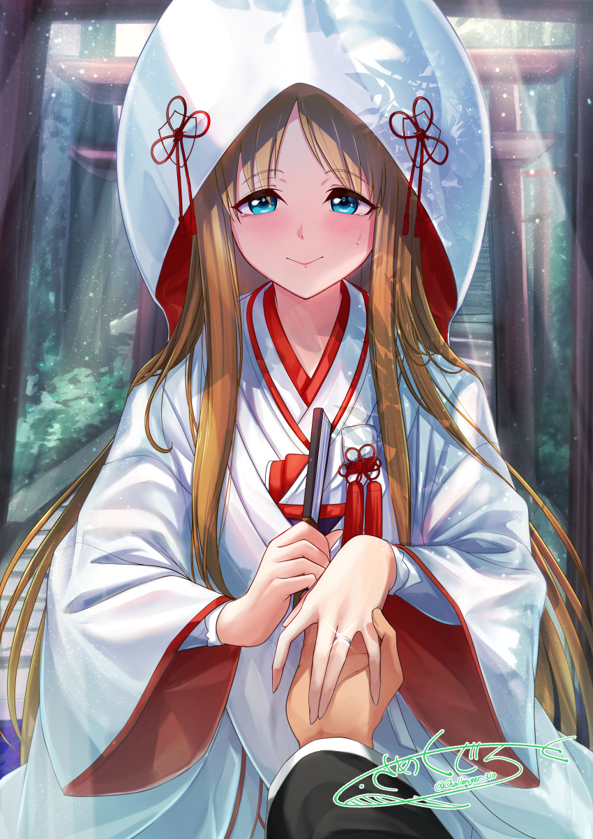 1other absurdres animal_ears blue_eyes blurry blurry_background blush breasts brown_hair closed_mouth commentary_request female grass_wonder_(umamusume) highres holding_hands horse_ears horse_girl japanese_clothes jewelry kimono long_hair long_sleeves looking_at_viewer outdoors ring same_kujira_(challenger_310) shiromuku signature smile solo solo_focus uchikake umamusume upper_body wedding_ring white_kimono