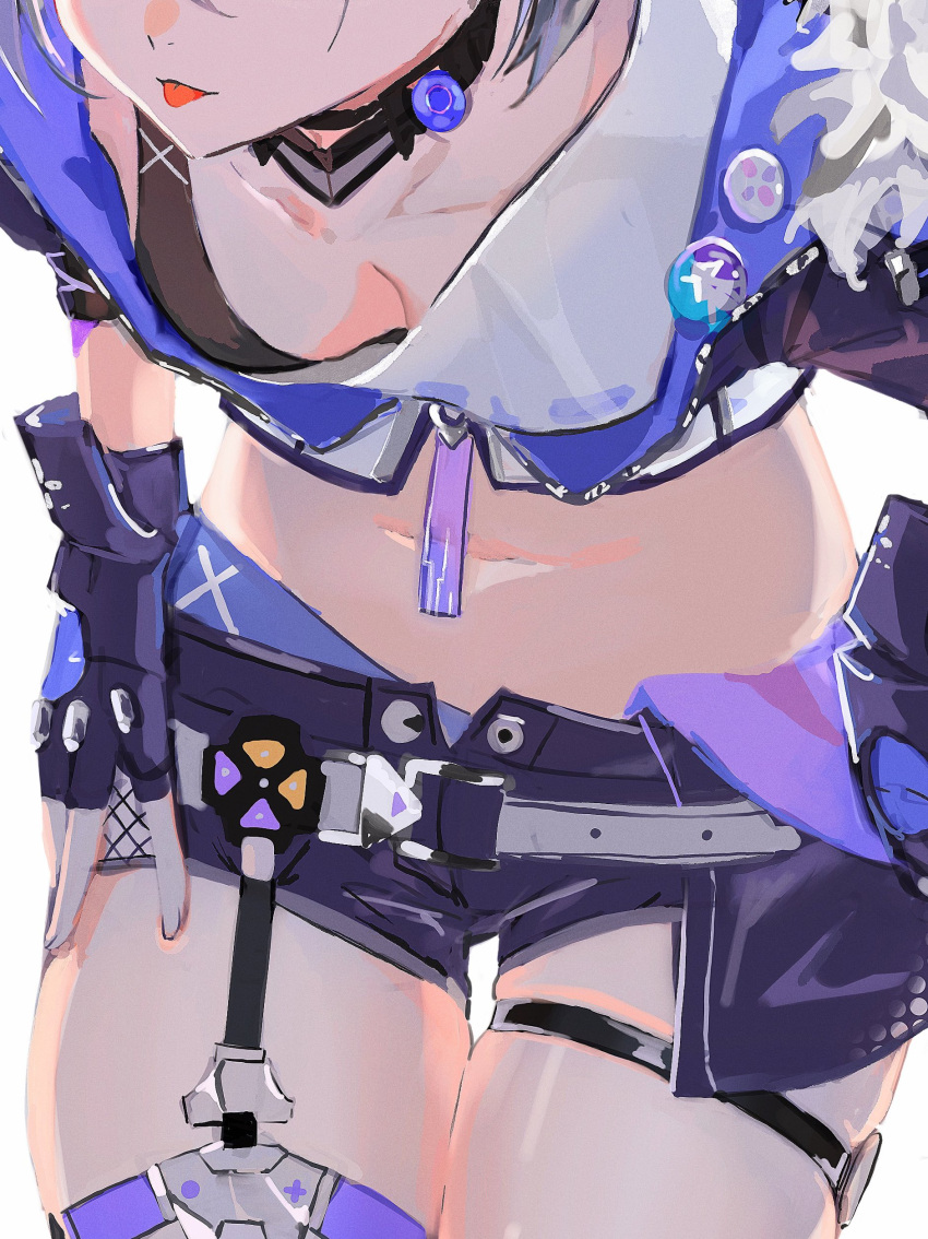 absurdres breasts denim denim_shorts female fur_trim good_thighs_day head_out_of_frame highres honkai:_star_rail honkai_(series) mochi_upamo navel open_fly out_of_frame shirt shorts silver_wolf_(honkai:_star_rail) single-shoulder_shirt solo thigh_strap thighs tongue tongue_out