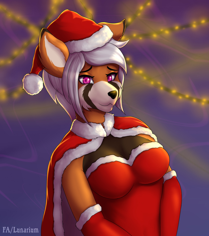 ailurid anthro christmas christmas_clothing christmas_headwear clothing costume female hair hat headgear headwear hi_res hibi(kamikas) holidays lunarium mammal purple_eyes red_panda santa_costume santa_hat simple_background solo white_hair