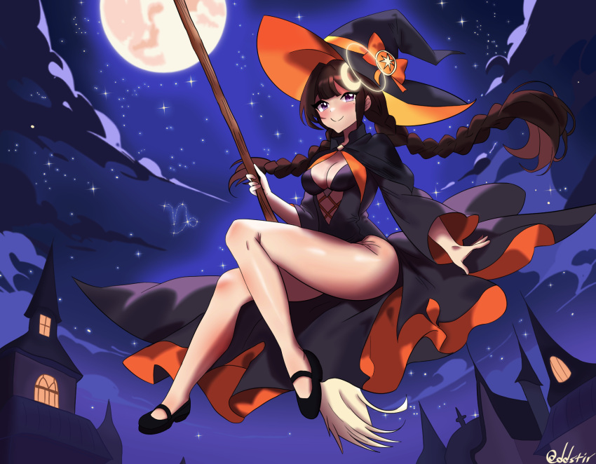 addstir astricalex bare_legs black_cloak black_footwear black_leotard blush bow braid breasts broom brown_hair cleavage cloak cloud constellation crescent crescent_moon cross-laced_clothes female full_body full_moon halloween halo hat hat_ribbon highres holding holding_broom indie_virtual_youtuber leotard long_hair long_sleeves mary_janes medium_breasts moon night night_sky non-web_source orange_bow orange_ribbon outdoors ribbon sagittarius_(constellation) self-upload shoes signature sky smile solo star_(sky) starry_sky twin_braids witch witch_hat