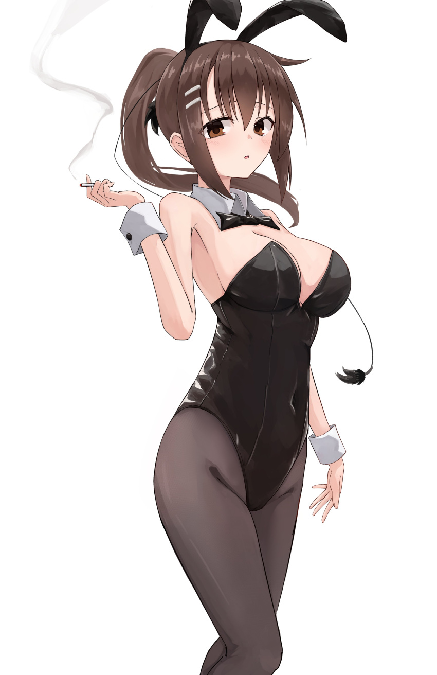 absurdres alternate_costume animal_ears arm_at_side black_bow black_bowtie black_leotard black_pantyhose blush bow bowtie breasts brown_eyes brown_hair cigarette commentary covered_navel curvy detached_collar fake_animal_ears feet_out_of_frame female floating_hair groin hair_between_eyes hair_ornament hairclip hand_up highleg highleg_leotard highres holding holding_cigarette large_breasts leotard long_hair looking_at_viewer minakami_yuki open_mouth pantyhose ponytail rabbit_ears sidelocks simple_background smoke smoking solo standing strapless strapless_leotard subarashiki_hibi takoyaki032002 thighs white_background white_wrist_cuffs wrist_cuffs