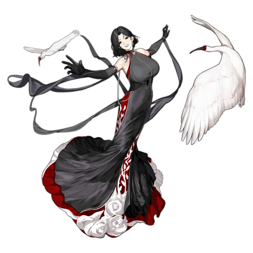 bare_shoulders bird black_dress black_gloves black_hair breasts crested_ibis dress earrings elbow_gloves female floral_print full_body girls'_frontline gloves grin halter_dress halterneck highres jewelry large_breasts layered_dress lipstick long_dress makeup nishiro_ryoujin official_alternate_costume official_art outstretched_arms parted_bangs qbu-191_(a_song_composed_for_you)_(girls'_frontline) qbu-191_(girls'_frontline) red_dress red_eyes rose_print short_hair simple_background single_earring sleeveless sleeveless_dress smile solo third-party_source transparent_background vine_print white_bird