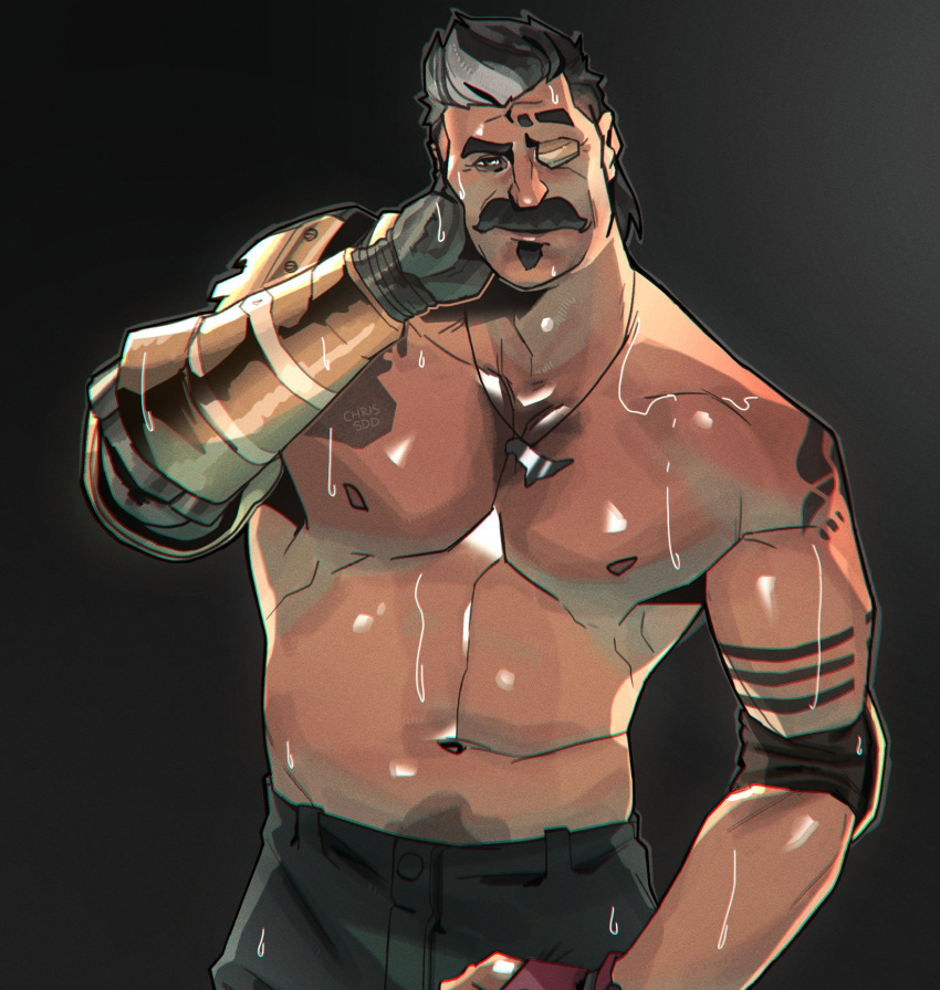 1boy 2021 apex_legends arm_tattoo armband bara chris_sdd eyepatch facial_hair fuse_(apex_legends) goatee_stubble grey_hair hand_on_own_face highres moustache multicolored_hair navel nipples pants pectorals prosthesis prosthetic_arm simple_background stubble tattoo thick_mustache two-tone_hair wet