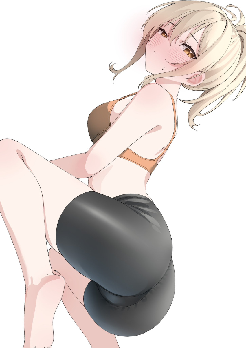 ass bike_shorts black_shorts blonde_hair blush breasts female highres kawai_ritsu_(rits_meg) kneeling orange_sports_bra original ponytail shorts simple_background sports_bra white_background yellow_eyes