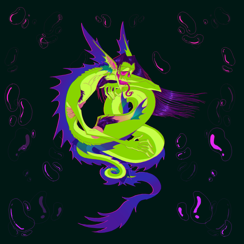 2023 ace_(powerpuff_girls) alternate_species alternate_universe belly black_background bored bubble curled_tail dorsal_fin ear_fins eel fin fish forked_tongue glistening glistening_hair green_body green_skin hair hi_res long_hair looking_at_viewer male marine merfolk pink_belly pink_eyes pink_teeth pit_organ plentyofsoup purple_fins purple_hair resting_on_arm simple_background solo split_form tail teeth tongue tongue_out whiskers