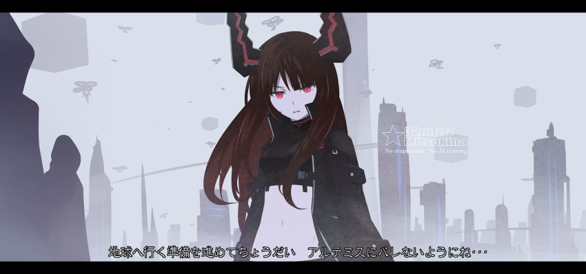 32zzz artist_logo artist_name black_gold_saw black_jacket black_rock_shooter black_rock_shooter:_dawn_fall female highres horns jacket logo midriff navel open_clothes open_jacket parted_lips red_eyes ringed_eyes single_horn solo translation_request