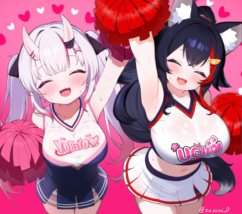 2girls absurdres animal_ear_fluff animal_ears arm_up armpits bandaged_horn black_bow black_hair blush bow breasts crop_top flat_chest gradient_background gradient_hair hair_ornament hairbow heart highres holding holding_pom_poms hololive horns kani_bonara large_breasts multicolored_hair multiple_girls nakiri_ayame navel ookami_mio pink_background pleated_skirt pom_pom_(cheerleading) ponytail red_hair skin-covered_horns skirt smile sweat thighs twintails white_hair wolf_ears