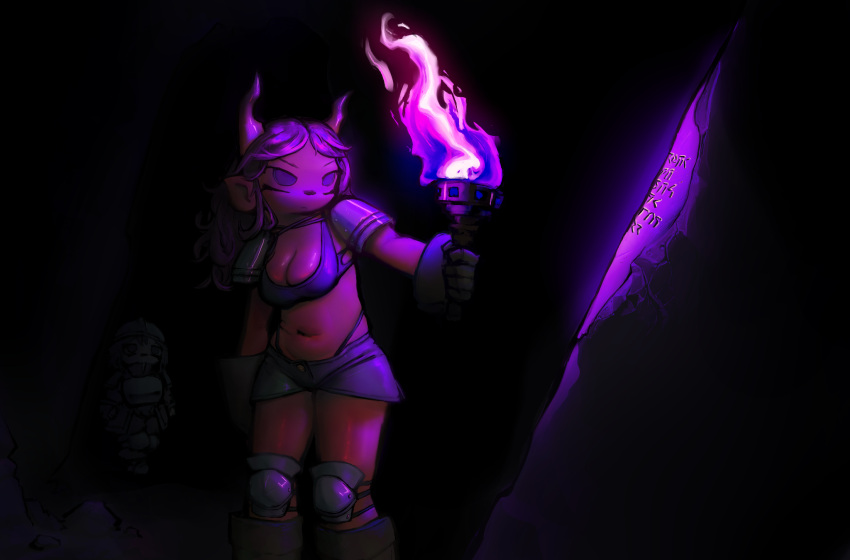 breasts brown_hair cave colored_skin dark dark_background demon_girl female gloves highres holding holding_torch horns knee_pads long_hair navel nekololisanyakogrj original red_horns red_skin rock self-upload shoulder_pads standing stomach thighs torch underwear