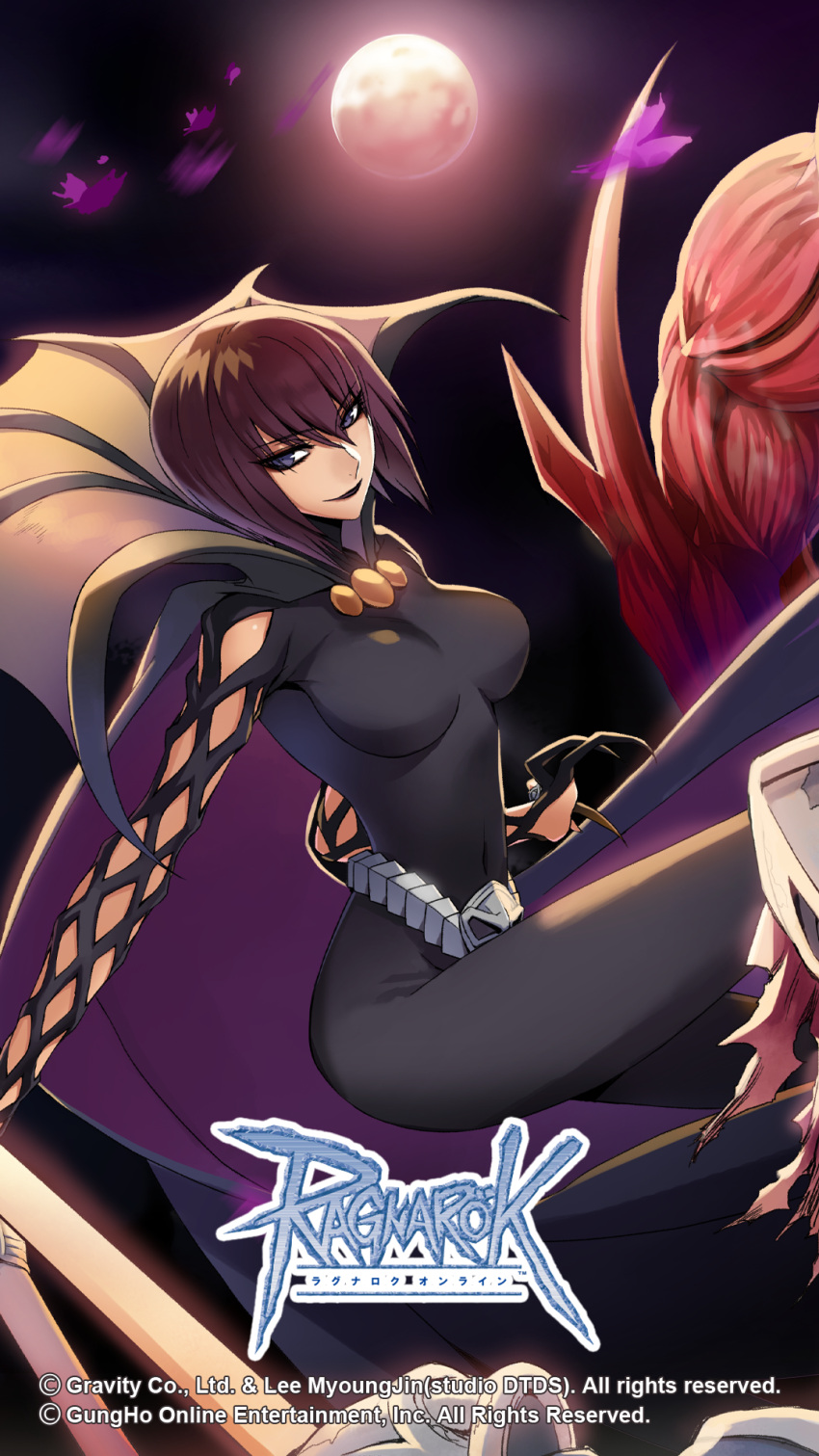 amdarais black_bodysuit black_cape black_eyes black_lips bob_cut bodysuit breasts brown_hair bug butterfly cape closed_mouth copyright_notice cross-laced_bodysuit feet_out_of_frame female full_moon highres himmelmez large_breasts leona_(pixiv) logo looking_at_viewer monster moon night official_art official_wallpaper purple_butterfly purple_cape ragnarok_online short_hair smile solo_focus two-sided_cape two-sided_fabric