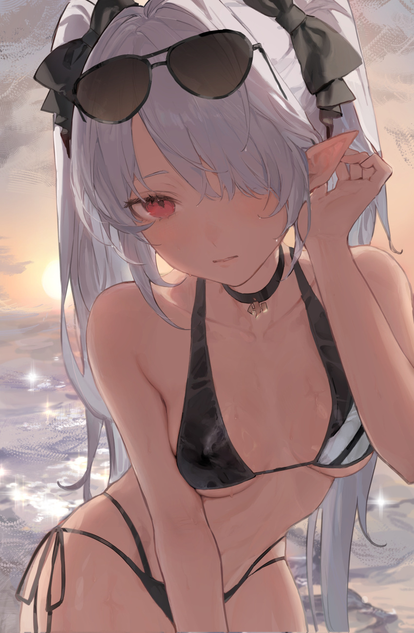 absurdres bare_arms bare_shoulders bikini black_bikini black_ribbon blue_archive breasts choker collarbone dark-skinned_female dark_skin eyewear_on_head female hair_over_one_eye hand_on_own_ear highres iori_(blue_archive) iori_(swimsuit)_(blue_archive) long_hair looking_at_viewer mmmmmoill multi-strapped_bikini_bottom official_alternate_costume outdoors pointy_ears red_eyes ribbon solo sunglasses swimsuit twintails very_long_hair water white_hair