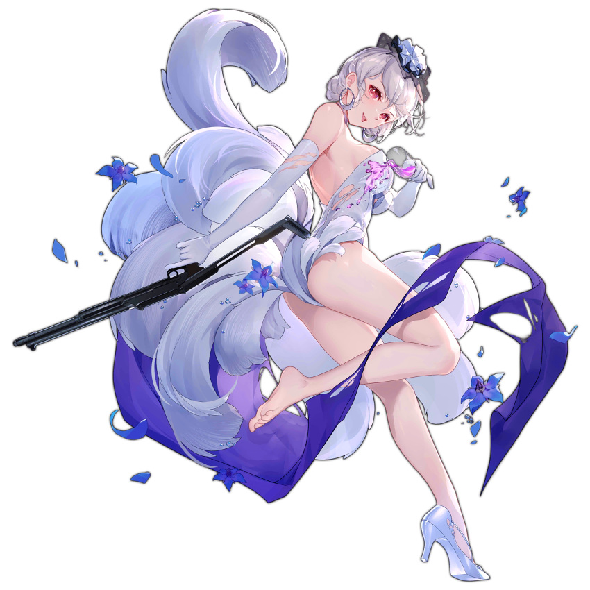 barefoot bison_cangshu blue_flower breasts cup drinking_glass earrings elbow_gloves fake_tail feet female flower girls'_frontline gloves grey_hair gun high_heels highres holding holding_cup holding_gun holding_weapon jewelry leotard looking_at_viewer multiple_tails no_socks official_alternate_costume official_art open_mouth pump_action red_eyes rmb-93 rmb-93_(girls'_frontline) rmb-93_(intoxicated_kiss)_(girls'_frontline) shoes short_hair shotgun simple_background single_bare_foot soles solo spilling standing standing_on_one_leg tail third-party_source toes tongue tongue_out torn_clothes torn_gloves torn_leotard transparent_background weapon white_footwear white_gloves white_leotard