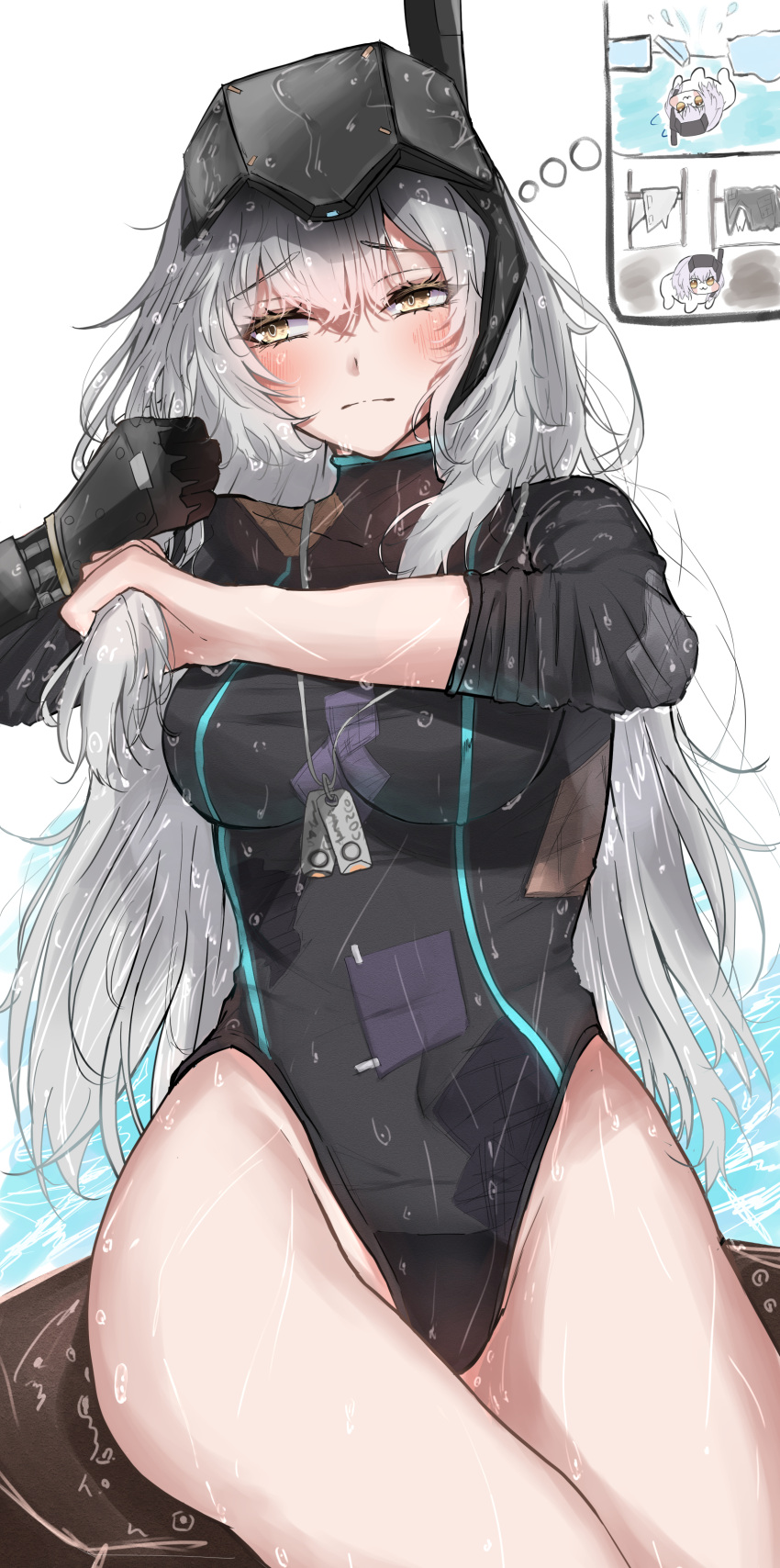 absurdres alternate_costume black_one-piece_swimsuit covered_navel dog_tags doro_(nikke) female goddess_of_victory:_nikke grey_hair head-mounted_display highres iwazaki mechanical_arms one-piece_swimsuit single_mechanical_arm snow_white_(nikke) solo swimsuit visor_(armor) wet wet_clothes wet_hair yellow_eyes