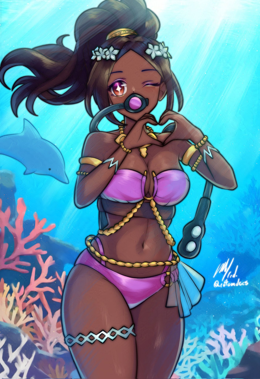 armlet bikini black_hair breasts cleavage coral cowboy_shot dark_skin dolphin eyeshadow female fire_emblem fire_emblem_engage floating_hair heart heart_hands high_ponytail highres jewelry large_breasts long_hair makeup navel o-ring o-ring_bikini one_eye_closed pink_bikini pink_eyeshadow red_eyes rotomdocs scuba_gear solo star-shaped_pupils star_(symbol) strapless strapless_bikini swimsuit symbol-shaped_pupils thighs timerra_(fire_emblem) underwater very_dark_skin