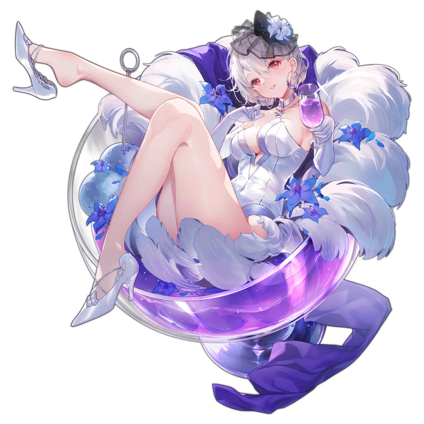 bison_cangshu blue_flower breasts choker covered_navel cup drinking_glass earrings elbow_gloves english_text fake_tail female flower foreshortening full_body girls'_frontline gloves high_heels highres holding holding_cup jewelry leg_up leotard looking_at_viewer multiple_tails necklace no_socks official_alternate_costume official_art parted_lips red_eyes rmb-93_(girls'_frontline) rmb-93_(intoxicated_kiss)_(girls'_frontline) shoe_dangle shoes short_hair simple_background sitting solo star_(symbol) star_necklace tail third-party_source transparent_background white_choker white_footwear white_gloves white_hair white_leotard