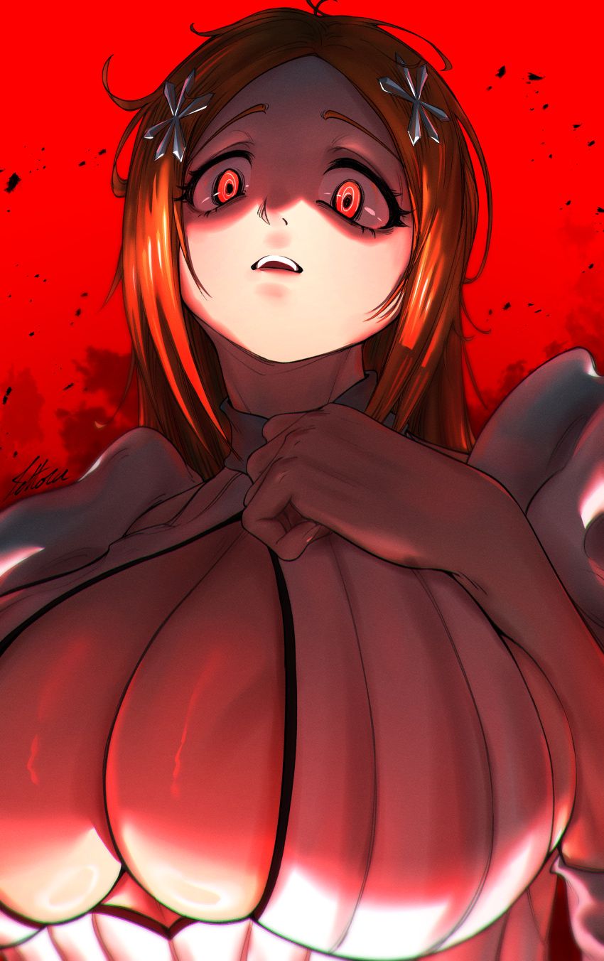 @_@ absurdres bleach bleach:_sennen_kessen-hen breast_suppress breasts cleavage cleavage_cutout clenched_hand clothing_cutout commentary dress eyelashes female forehead from_below hair_ornament hairclip hand_up highres huge_breasts inoue_orihime long_hair looking_at_viewer open_mouth orange_hair parted_bangs red_background red_eyes shaded_face simple_background solo star_(symbol) star_hair_ornament tareme teeth tettora upper_body upper_teeth_only white_dress yandere